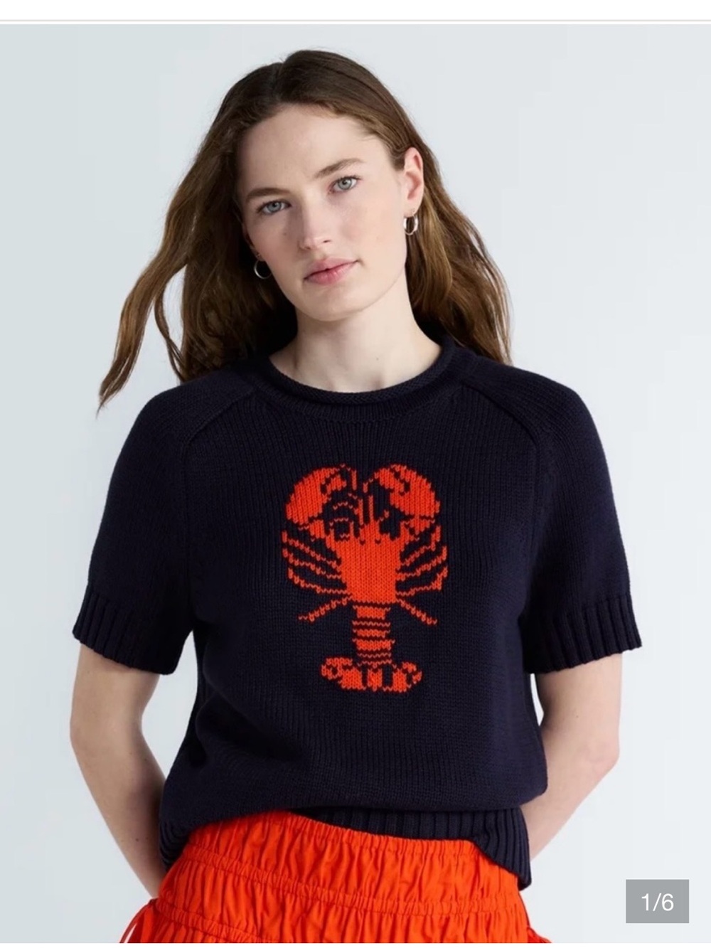 Navy Short-Sleeve Knit Sweater with Orange Lobster Motif